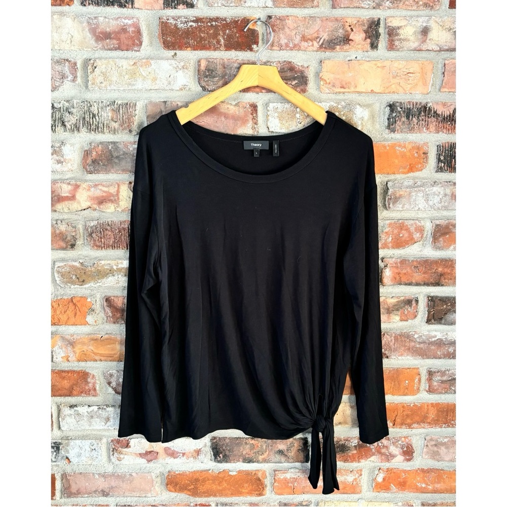 Theory Black Jersey Knit Long Sleeve Tie Detail Shirt Top, L